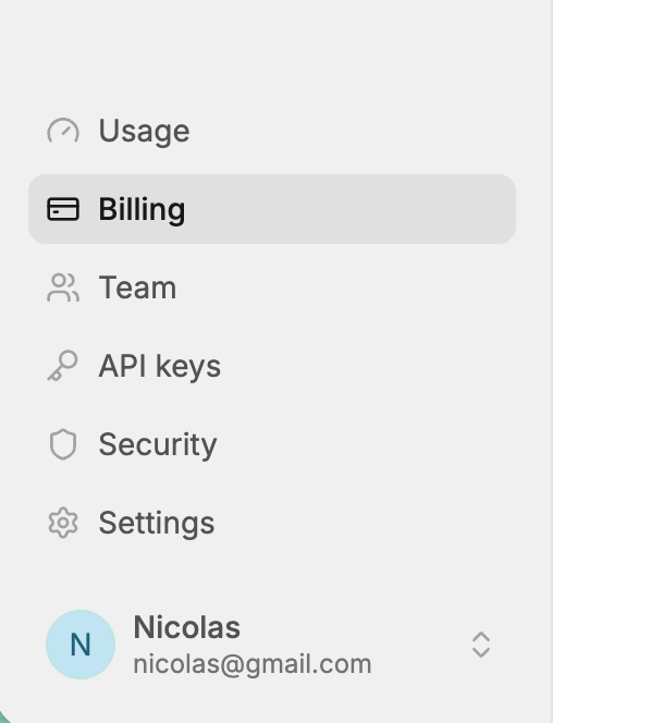 Billing page with the current plan, its limits, and the Free, Startup and Standard plans