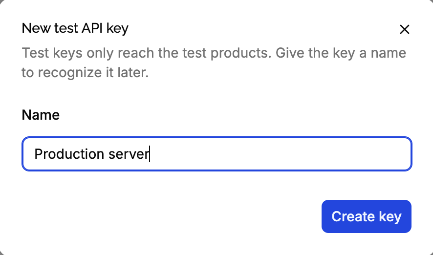 API key created dialog, showing the key once with a copy button
