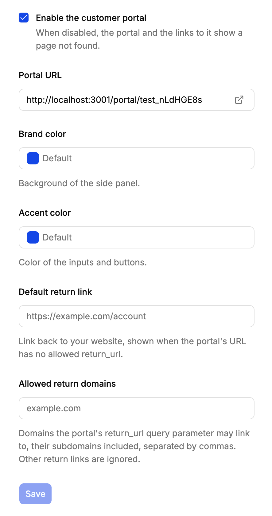 Customer portal section of the product settings, with the brand color, accent color, default return link and allowed return domains