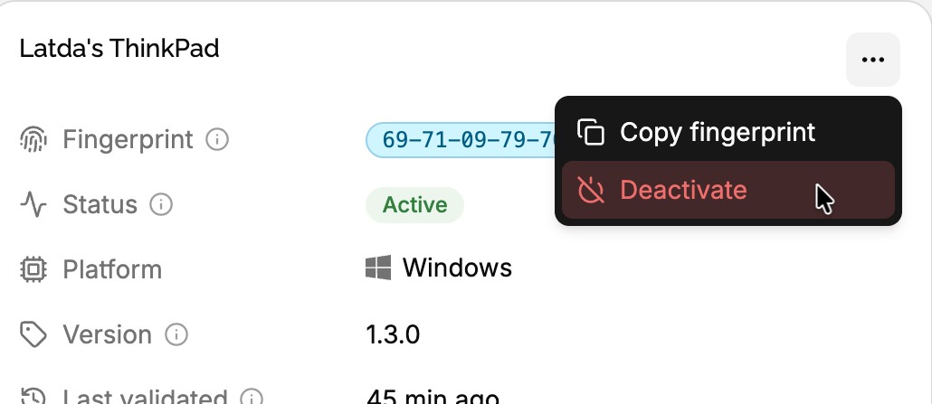 Machine actions menu with the Deactivate action