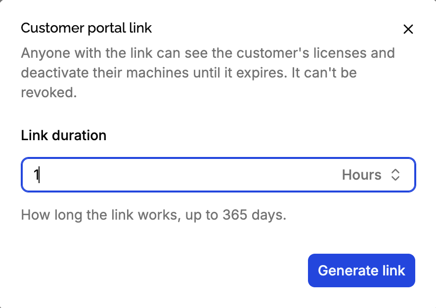 Customer portal link dialog with the link duration field