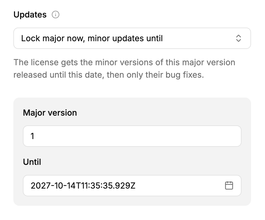 Edit license form with the Updates field open
