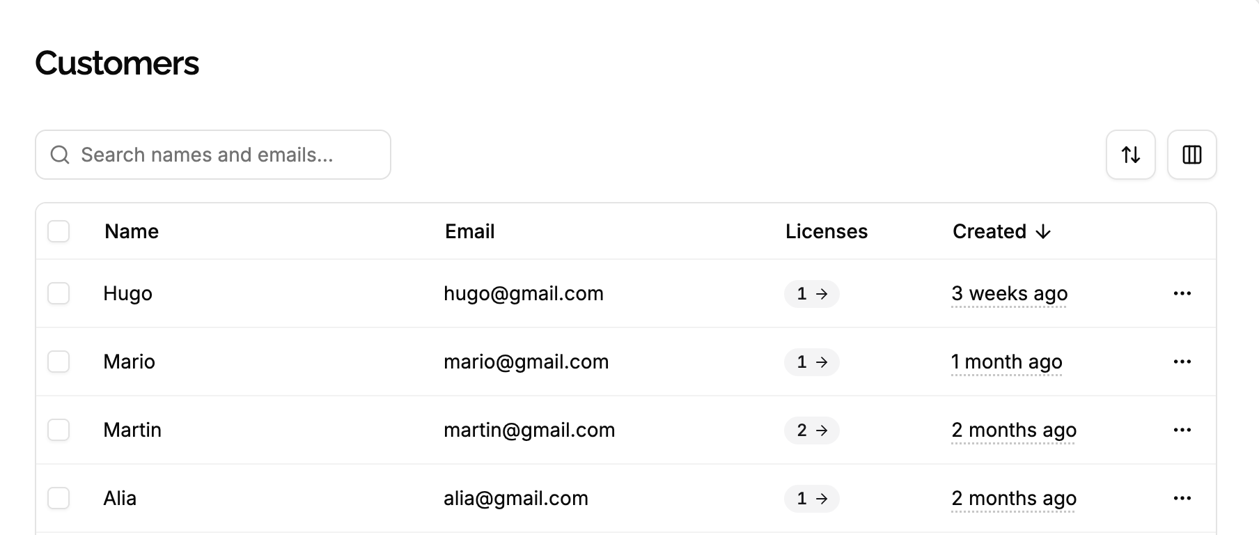 Customers page of a product, listing customers with their email, name and number of licenses