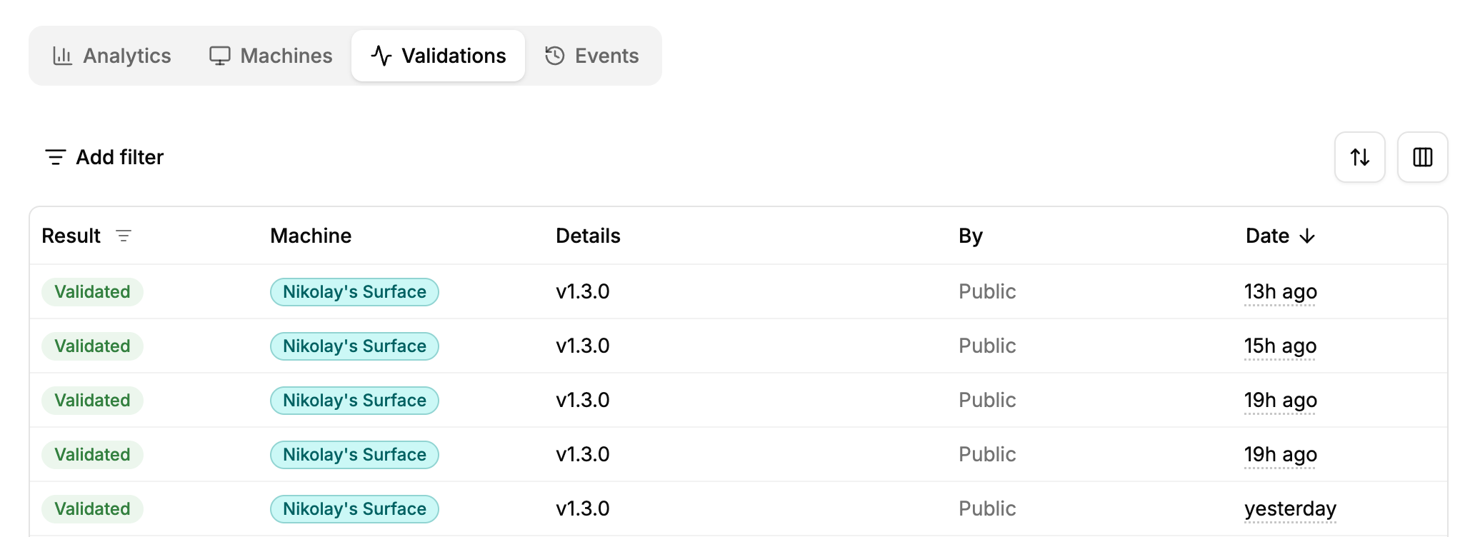 Validations tab of a license, with a successful validation and a refused one