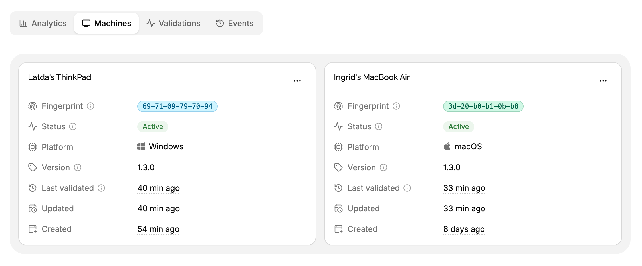 Machines tab of a license, listing its machines with their name, platform, version and status