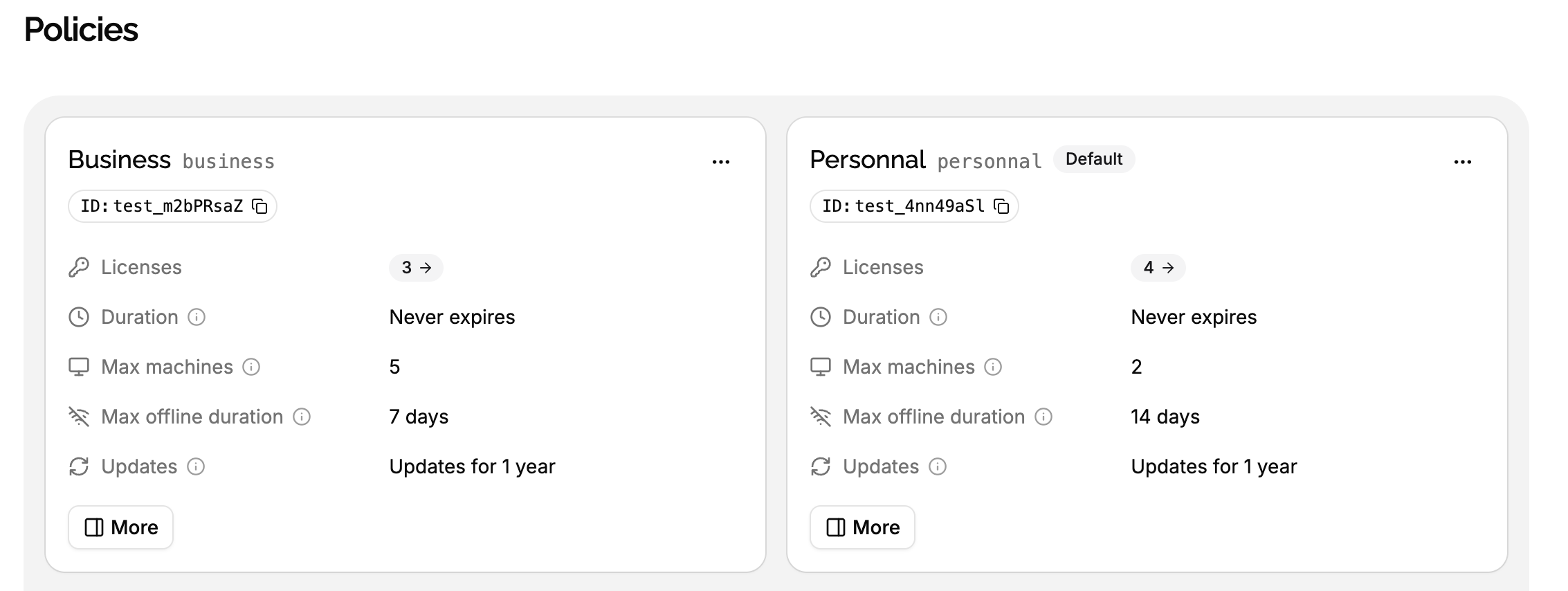 Policies page of a product, listing its policies with their duration, max machines and updates