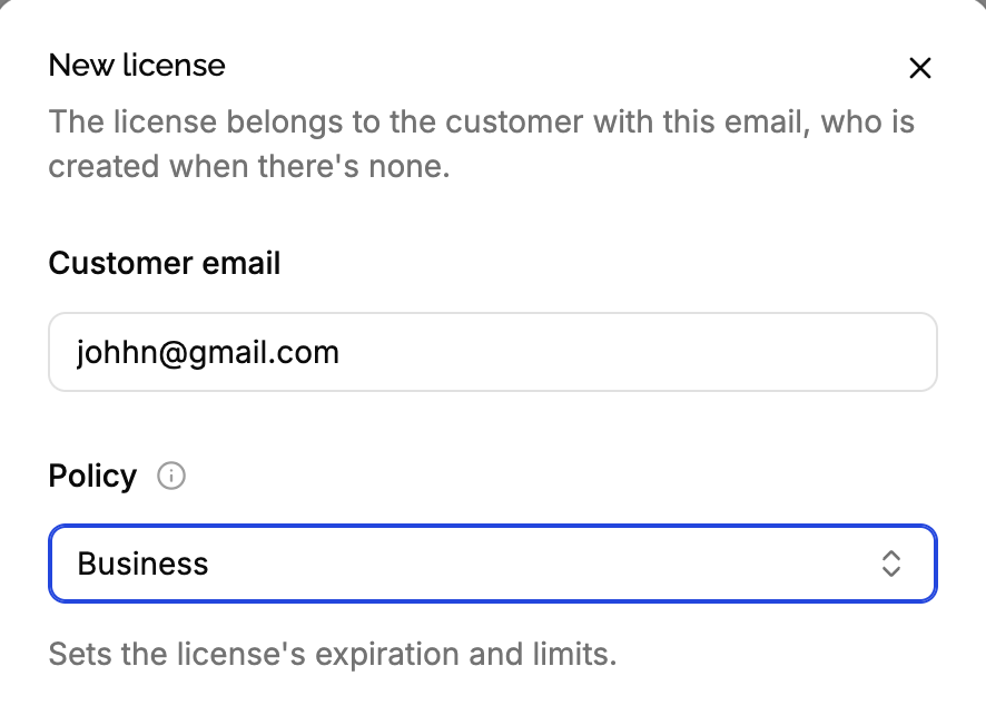 New license form with the customer email, policy, price, meta and email the key fields