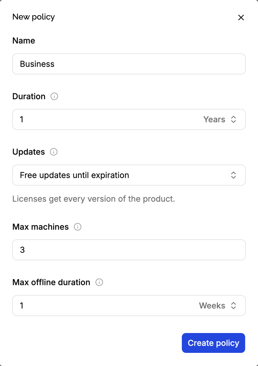 New policy form with the name, duration, max machines, max offline duration and updates fields