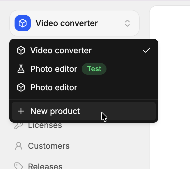 Product switcher of the sidebar with the New product button