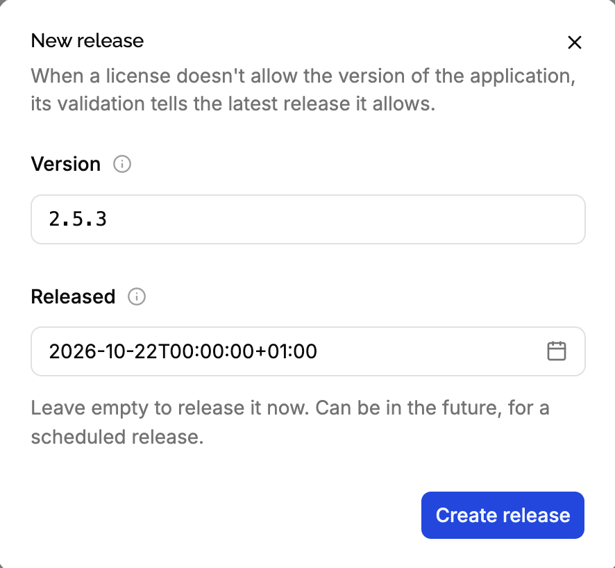 New release form with the version and released fields