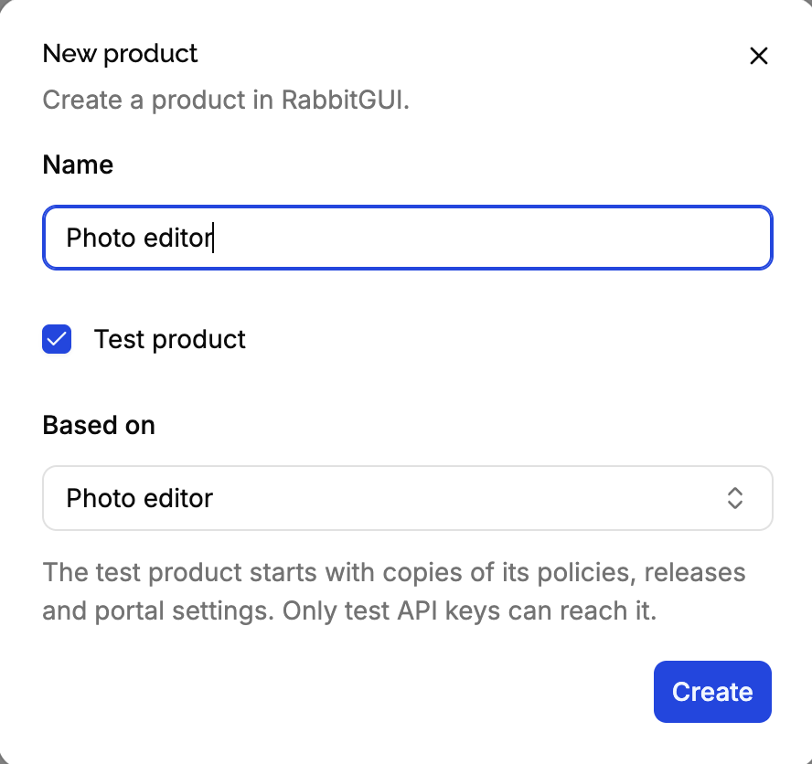 New product form with Test product checked and the Based on field