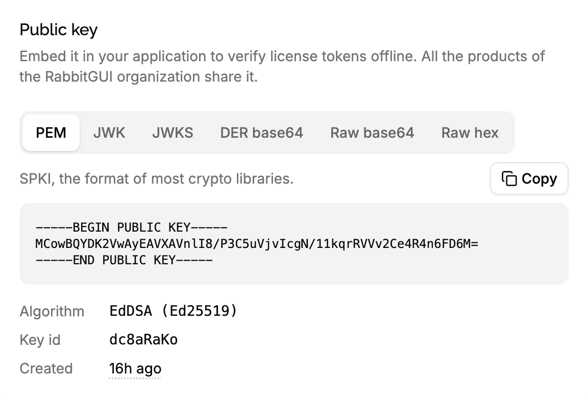 Security page with the organization's public key, its algorithm and key id