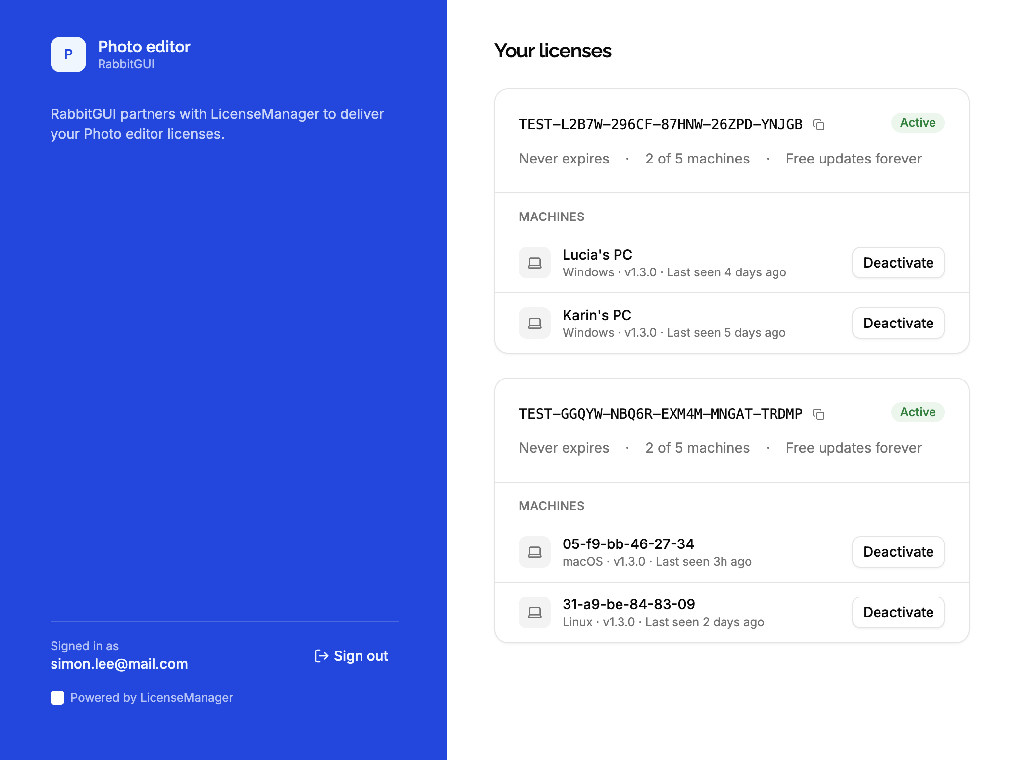 Customer portal of a product, with the product's logo and colors on the left and the customer's licenses and machines on the right