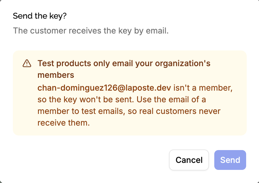 Warning shown when sending the key of a test license to a customer who isn't a member of the organization