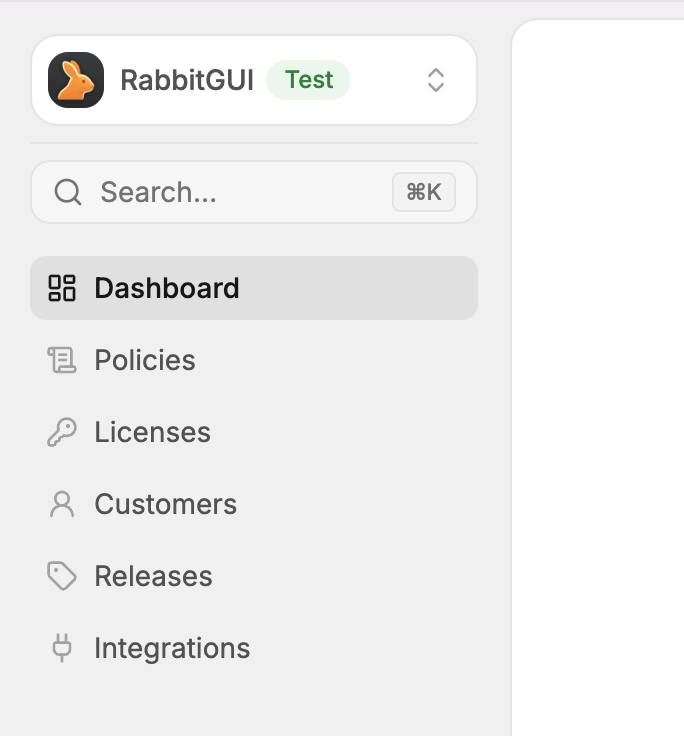 The sidebar of a product in the app, with its Licenses, Customers, Policies, Releases and Integrations pages