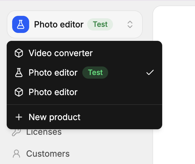 Product switcher showing a live product and its test product with a Test badge