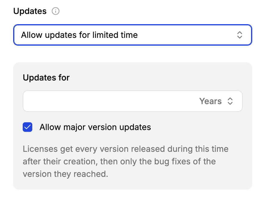 The Updates field of a policy, with its options open