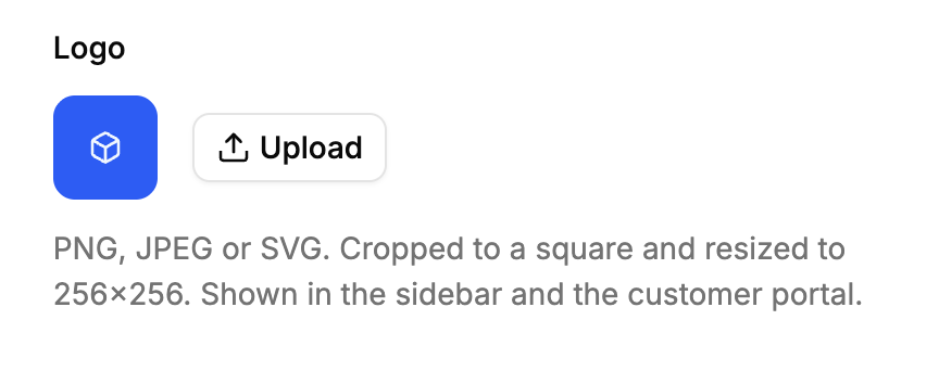 Product settings page with the name, slug and logo fields